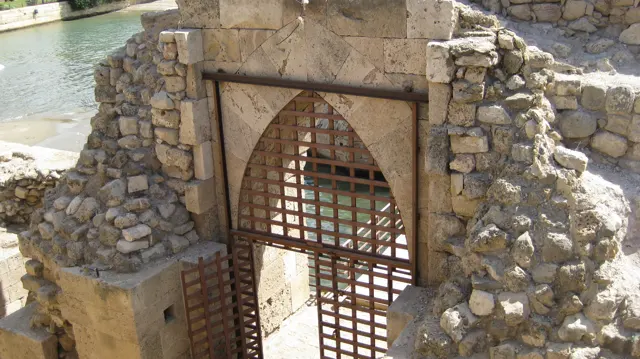 A metal grille closes an arched opening in thick weathered masonry, seen from above.