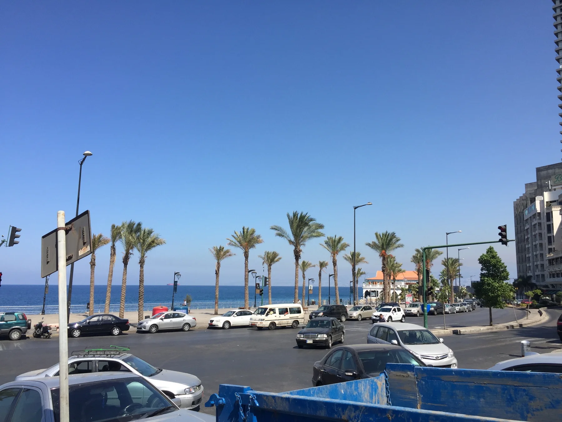 Cars move through a seafront junction beside a line of palms and blue water.