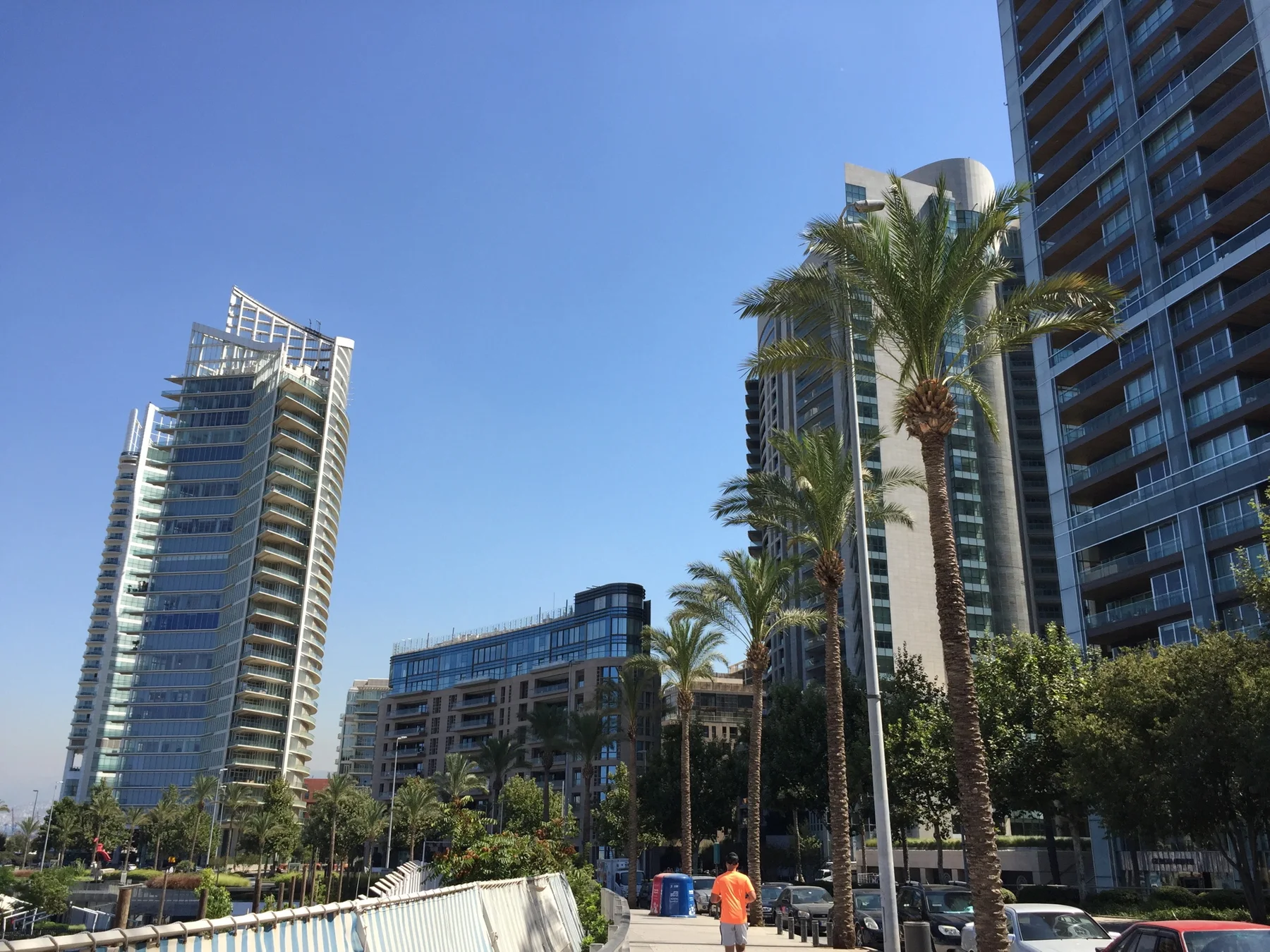 Modern high-rises with glass balconies stand above palm trees and a landscaped pedestrian area.