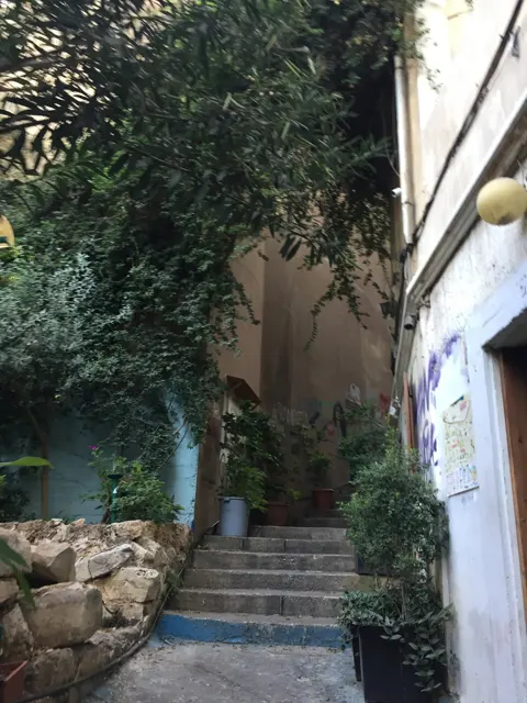 Stone steps climb between white walls, a low rock border and overhanging greenery.