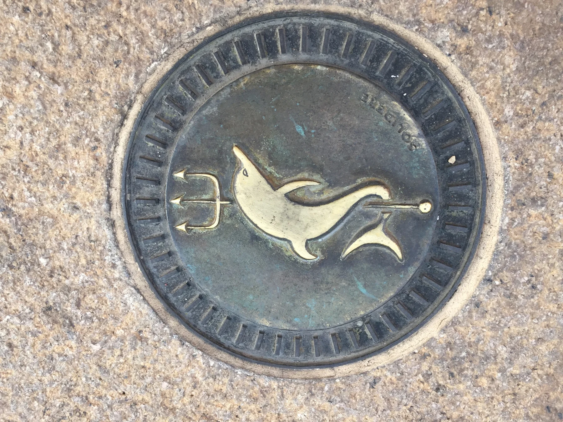 A round metal pavement cover bears a raised bird motif within a patterned border.