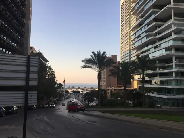 A shaded road descends between tall buildings and palms towards a bright strip of sea.