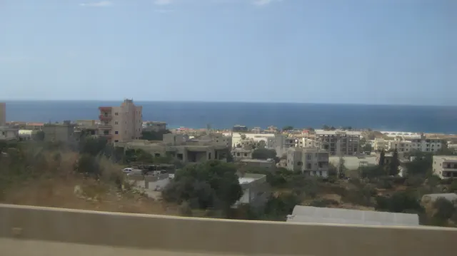 Buildings and patches of greenery fill the foreground below a long blue sea horizon.