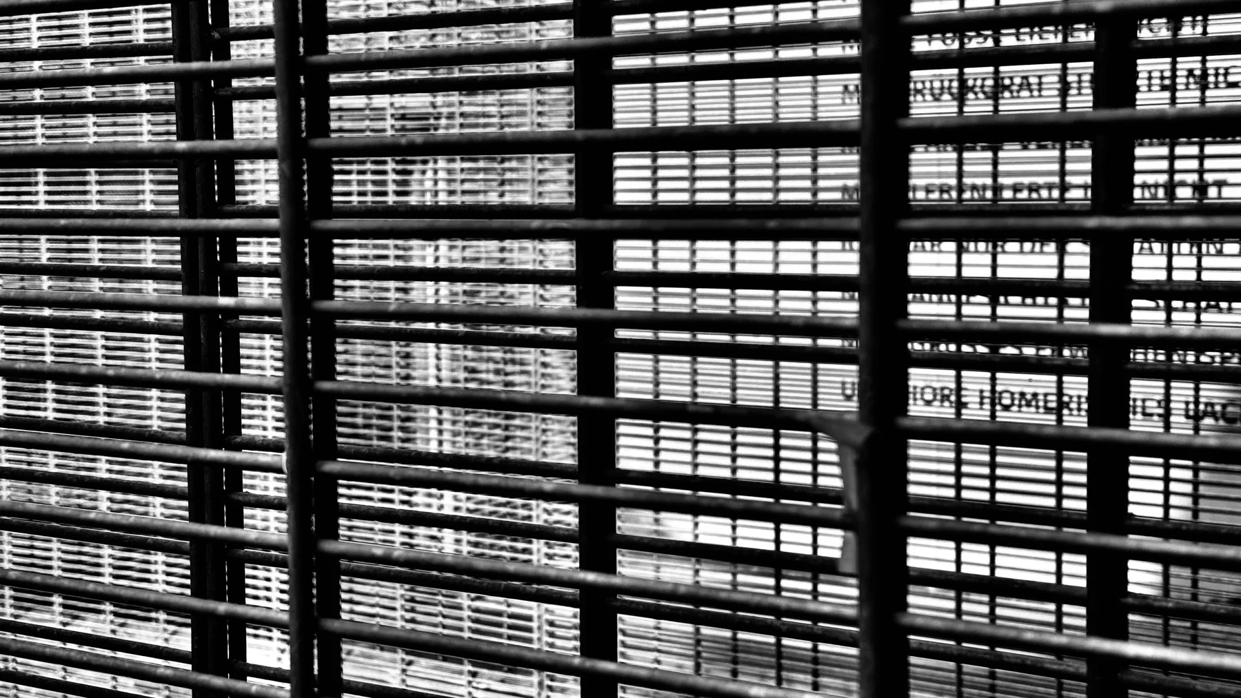 Overlapping horizontal and vertical bars form a dense grid, with fragments of lettering visible on a pale surface beyond.