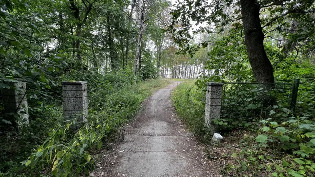 A sandy track passes between two masonry gateposts beneath leafy trees.