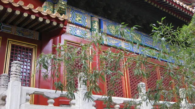 Green branches stand in front of a red building with lattice windows and brightly painted blue, green and gold beams.