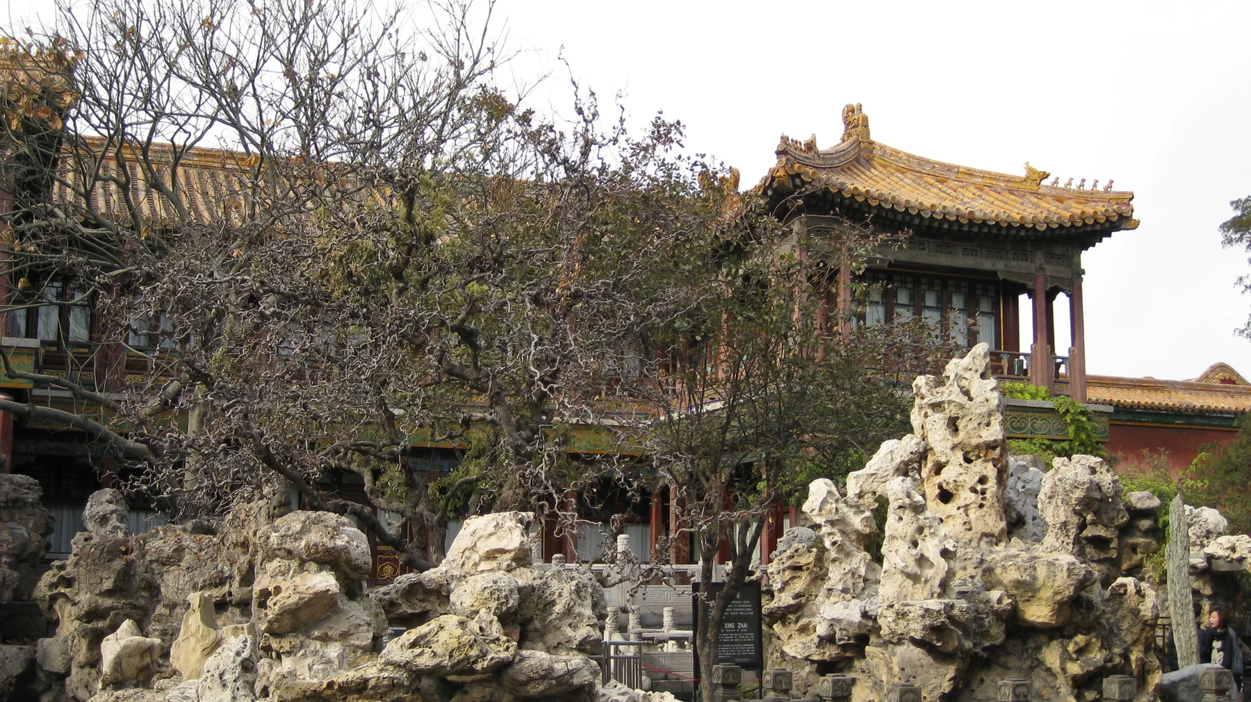 Pale sculptural rocks and bare branches stand before a raised pavilion with a golden tiled roof and red columns.