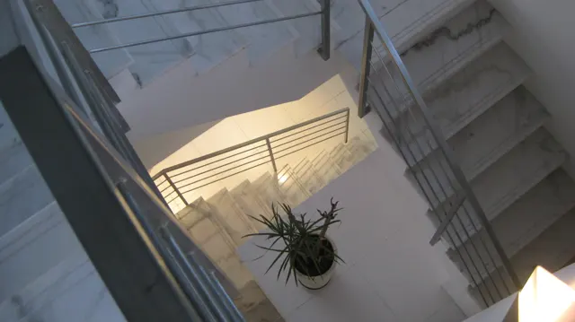 An overhead view follows pale stairs and metal railings towards a landing with a potted plant and a patch of sunlight.