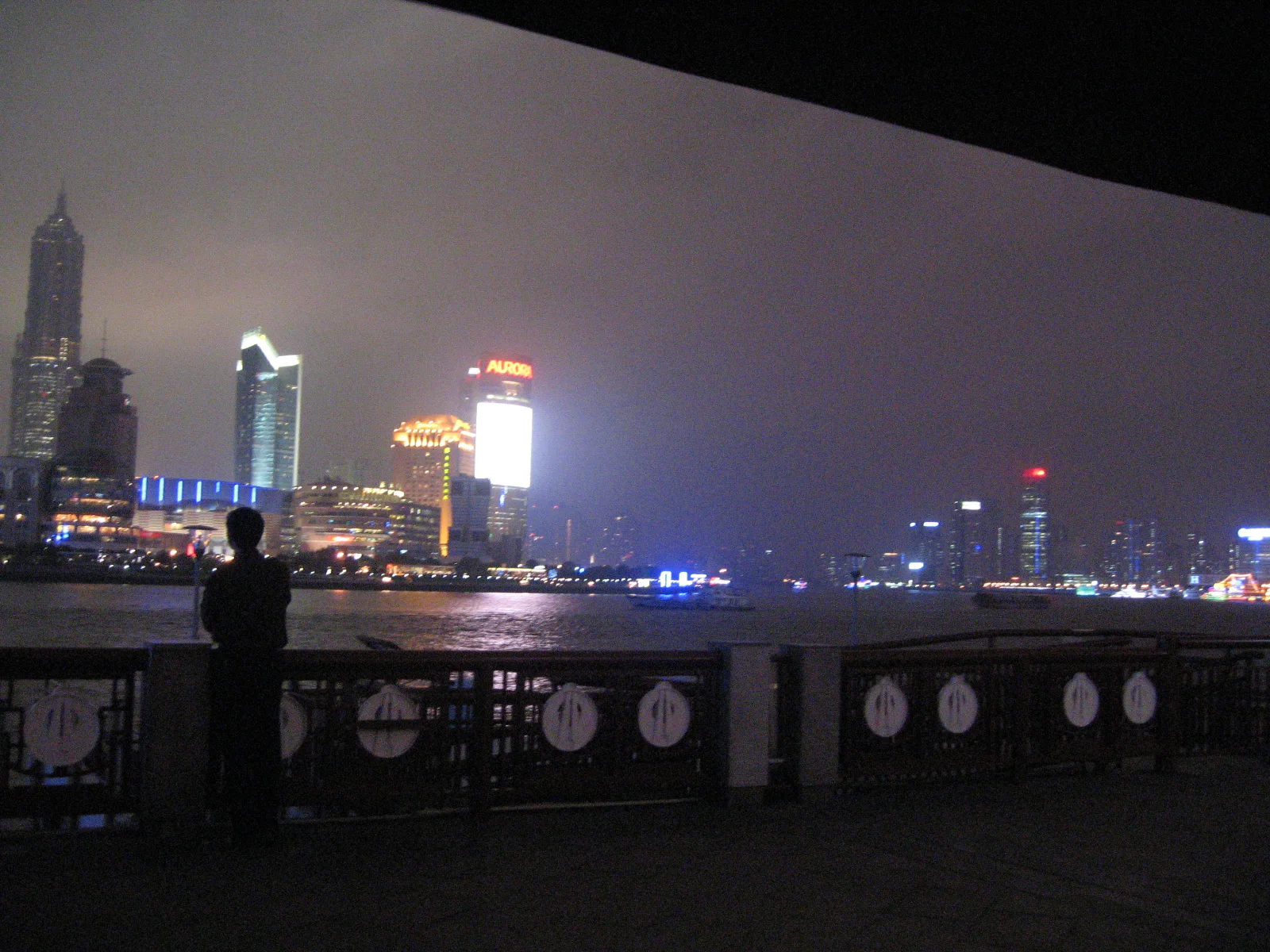 Silhouetted people and a railing stand beneath a dark overhead edge, looking towards the illuminated skyline across the river.