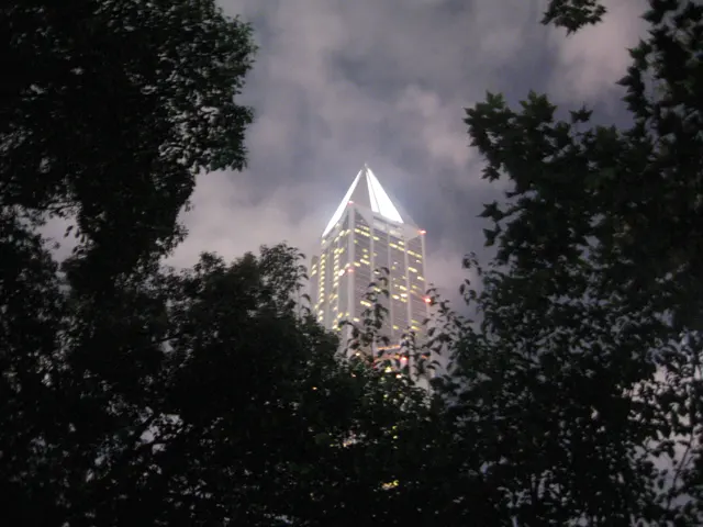 A skyscraper with a bright triangular crown appears between dark tree branches beneath clouds at night.