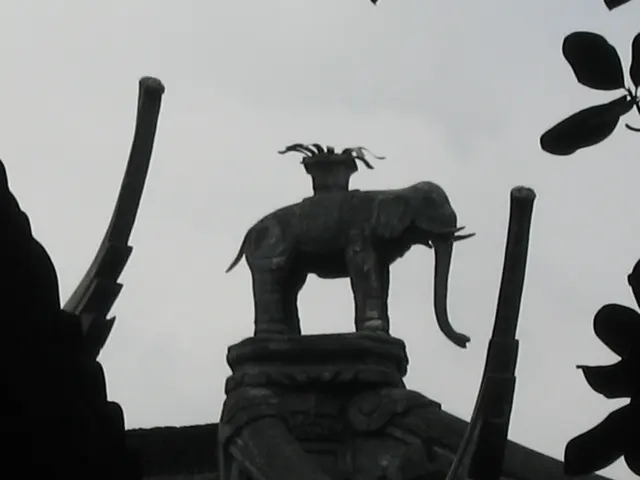 A small elephant sculpture with an object on its back stands in silhouette on a decorative base against a pale sky.