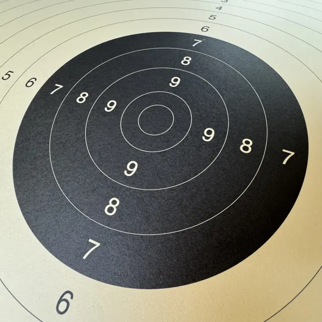 A portrait view of a paper target, with its black centre tilted in perspective and scoring numbers around the rings.