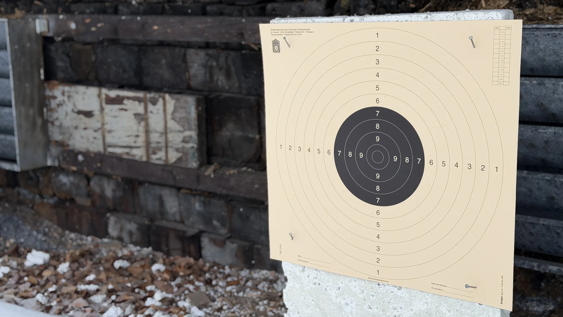 A paper target mounted above a pale block, with rough timber behind and fallen debris along the ground.