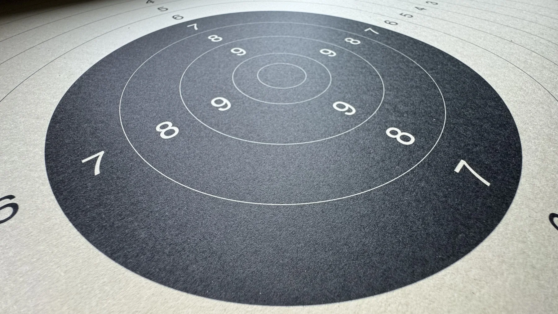 A low oblique view across a paper target makes the black centre and concentric scoring circles appear elliptical.