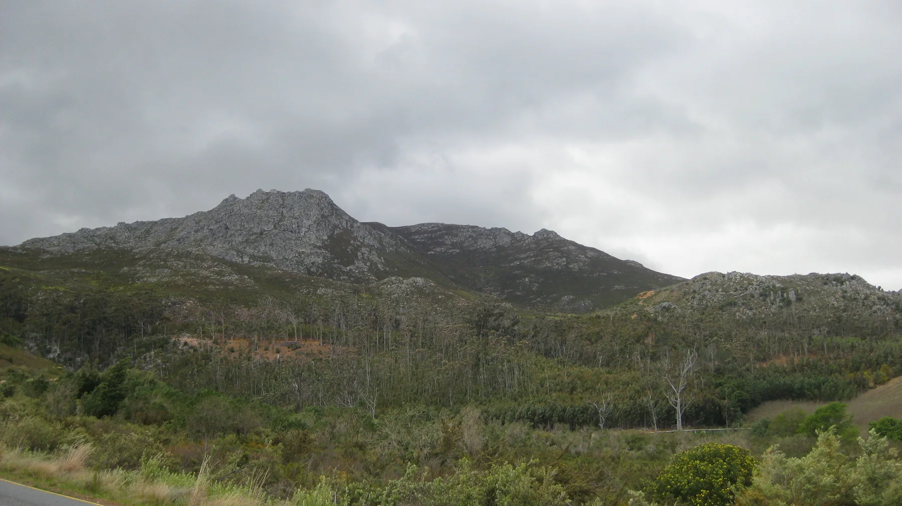 Scrub and cultivated rows spread below a low rocky ridge.