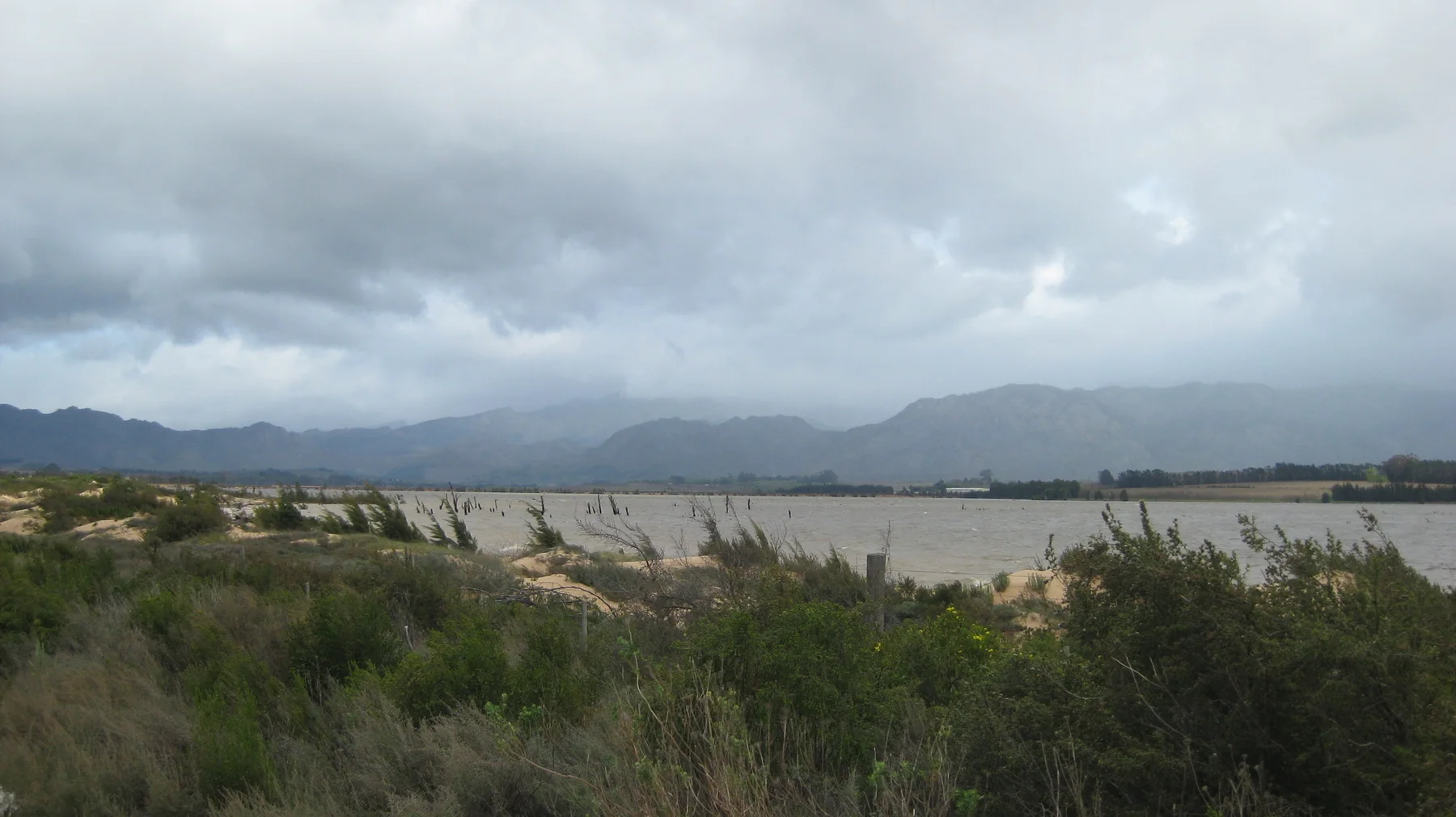 Low dunes and shrubs border broad water beneath gray clouds.