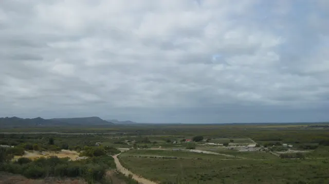 A pale track cuts through low vegetation toward distant hills.