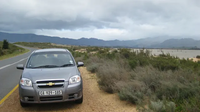 A silver car is parked on a sandy verge beside low shrubs and water.