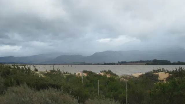 Dunes and low shrubs border water beneath heavy clouds.