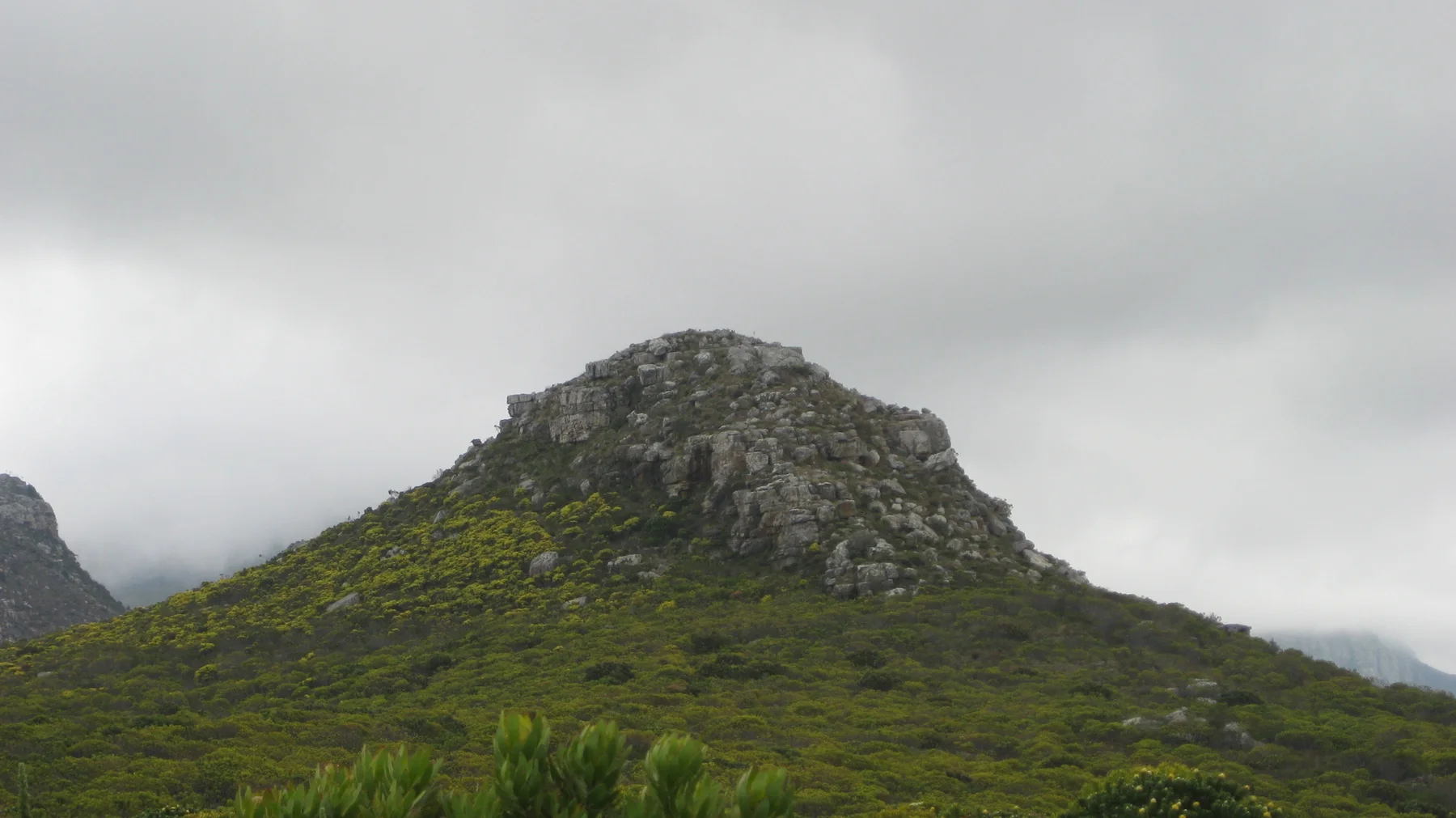 A rounded rocky summit rises from green scrub beneath gray clouds.