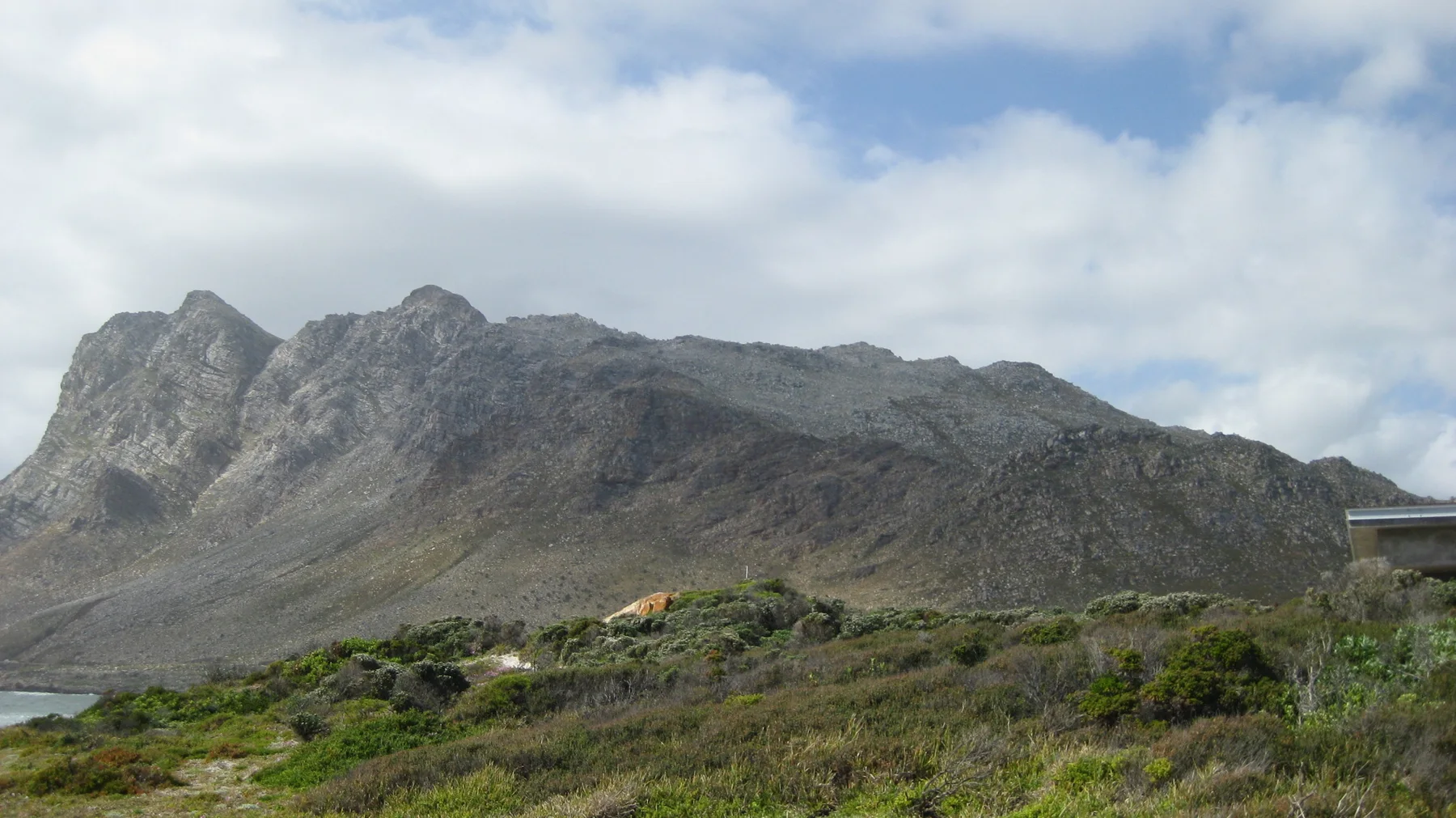 A rugged mountain face stretches beyond low coastal vegetation.