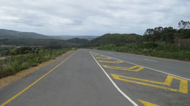 Bold yellow markings cross a broad road through open scrubland.