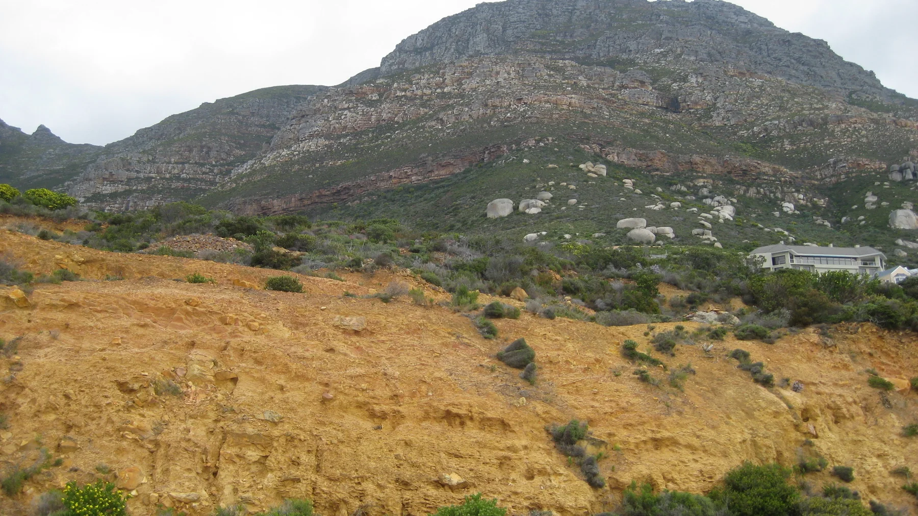 Dry ochre ground slopes toward a broad rocky mountain.