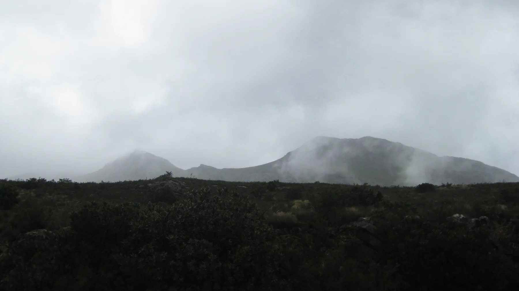 Low clouds gather around a dark mountain ridge beyond scrub.