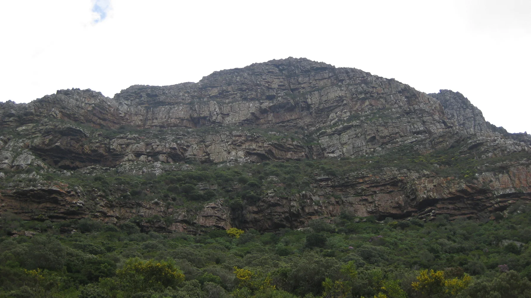 A broad layered rock face rises above dark green vegetation.