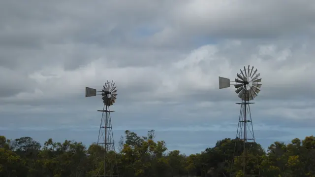 Two windpumps lift their circular blades above trees and cloudy sky.