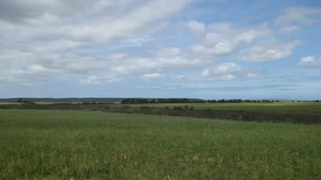 A green field stretches toward a low distant horizon under scattered clouds.