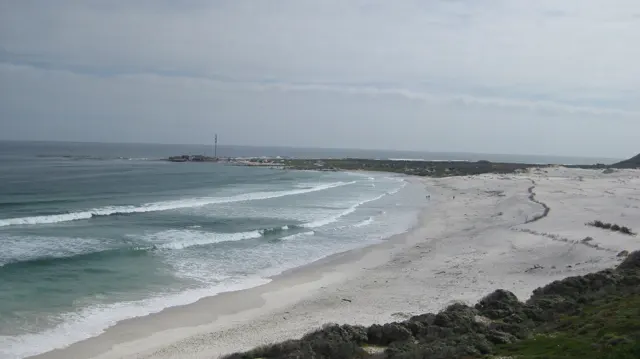 White waves curl along a long pale beach beneath gray skies.