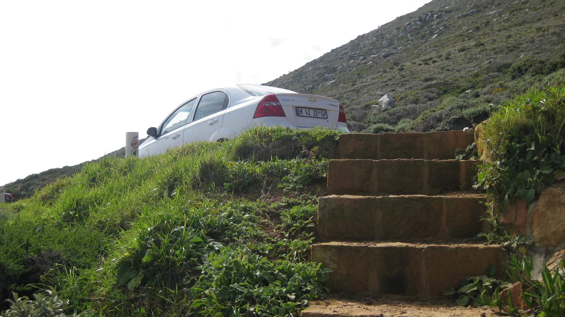 Stone steps climb a grassy bank toward a parked white car.