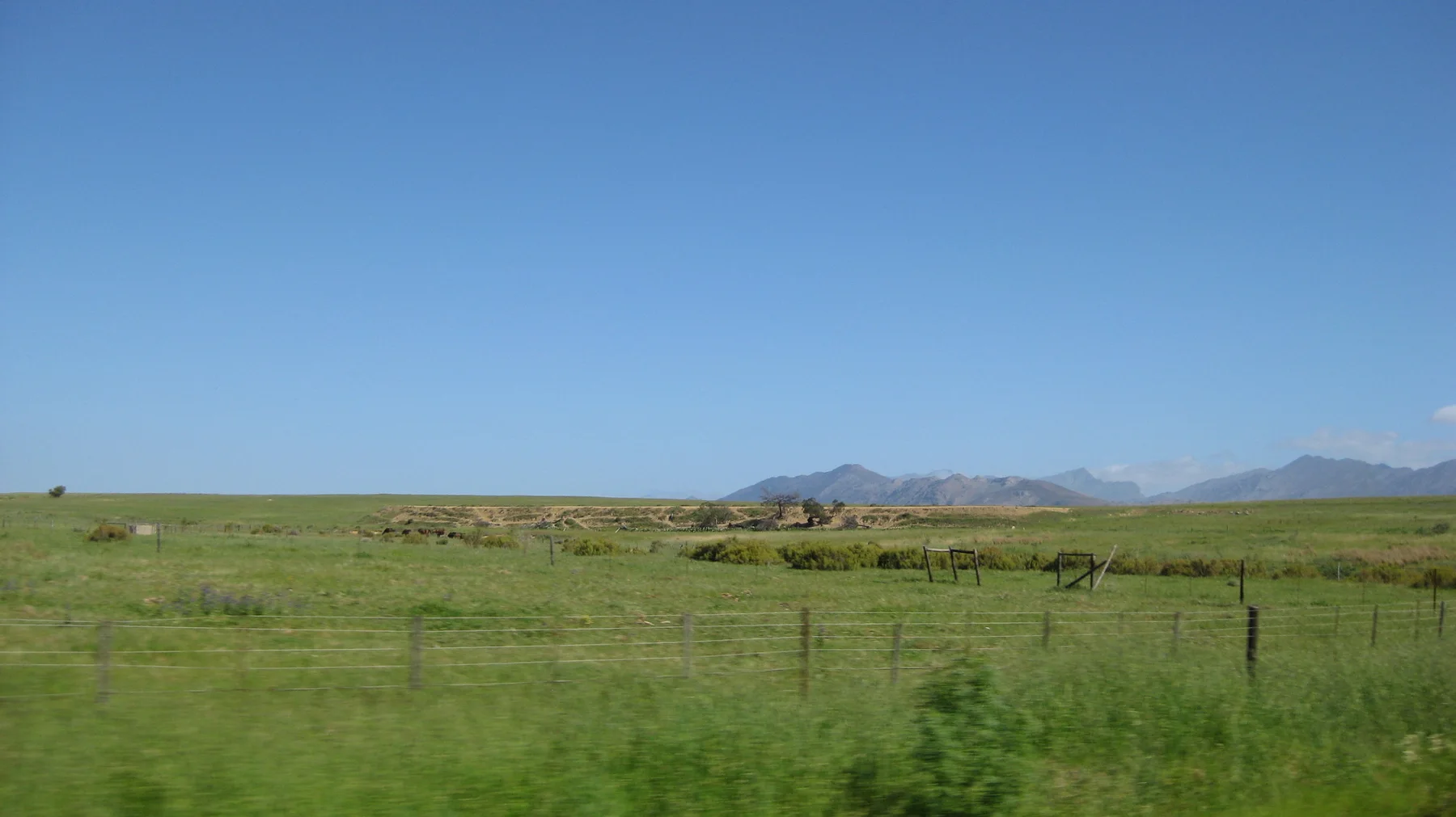 Fenced green grassland stretches toward distant low mountains.