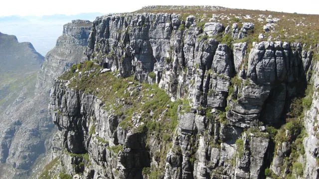 Vertical cracks divide a sheer cliff topped with low vegetation.