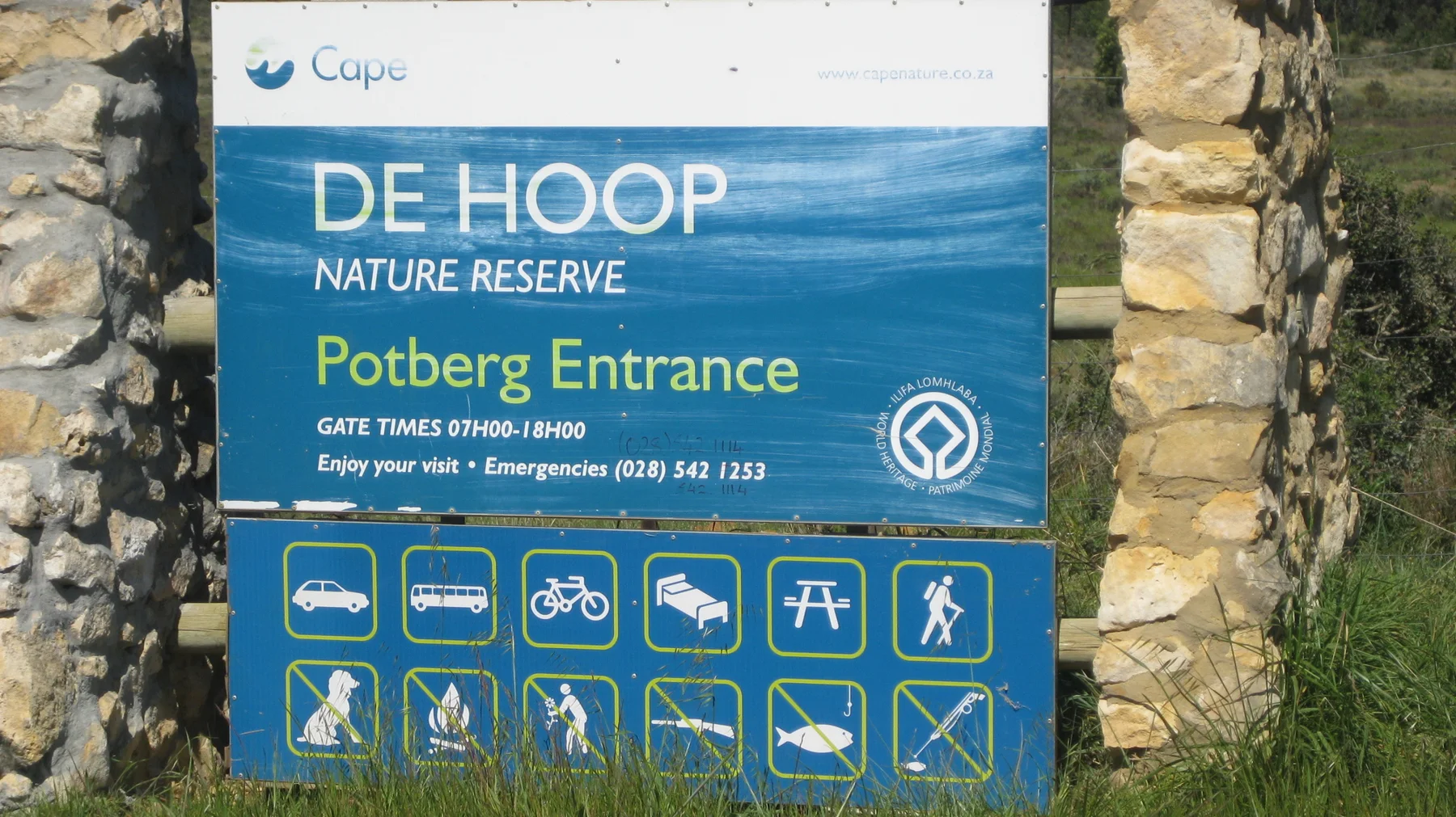 A blue sign marks the Potberg entrance to De Hoop Nature Reserve.