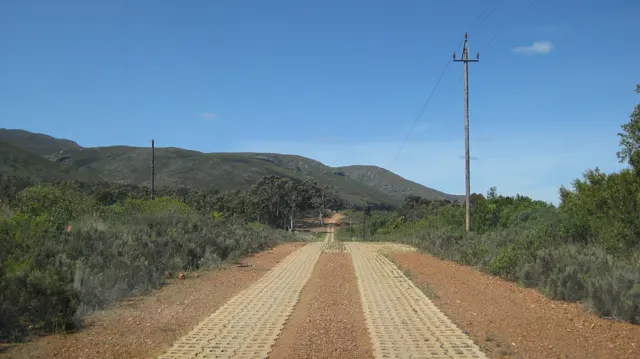 Two pale paved strips follow a red dirt track between shrubs.