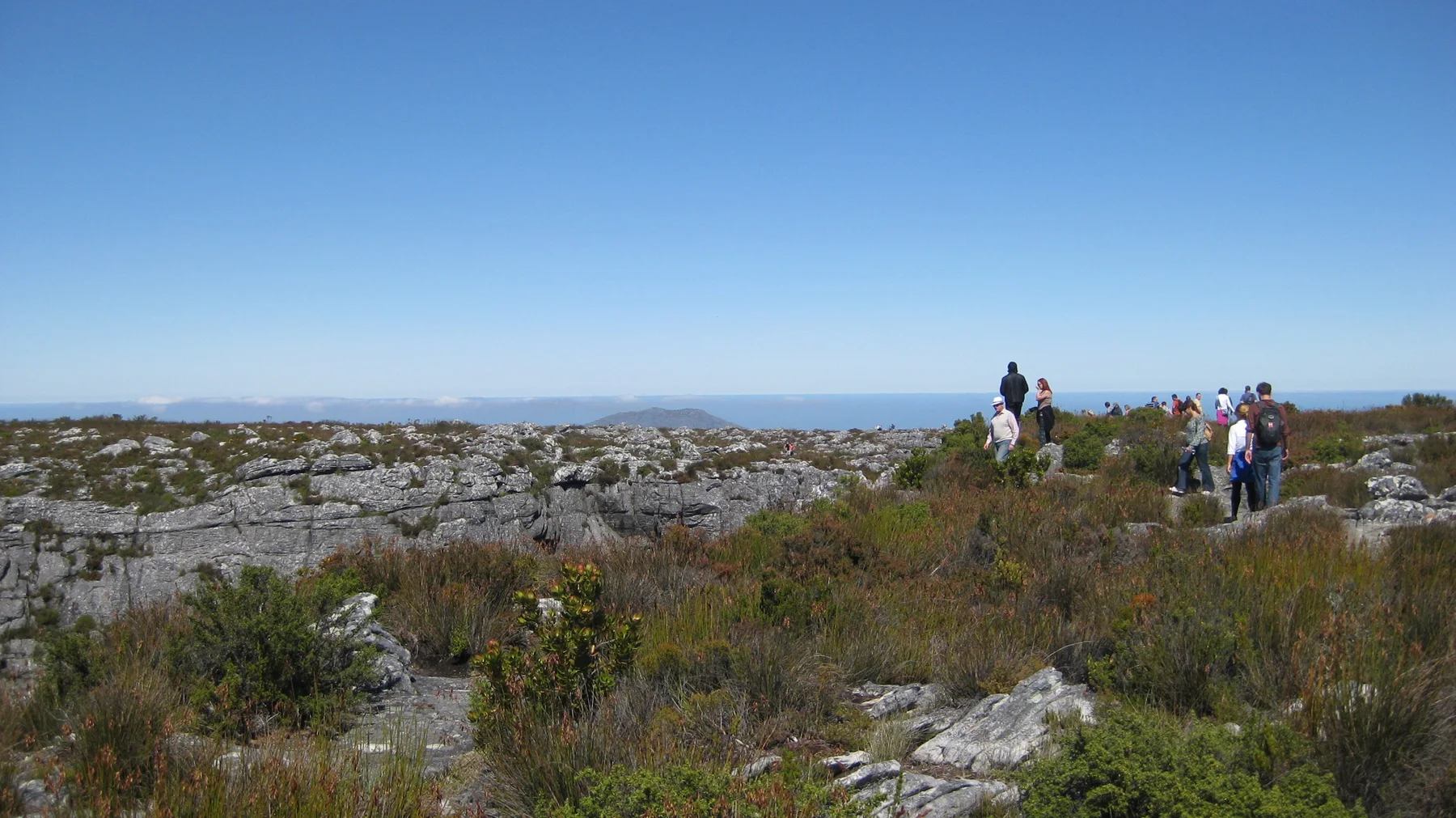 Several walkers cross a rocky plateau covered in low plants.