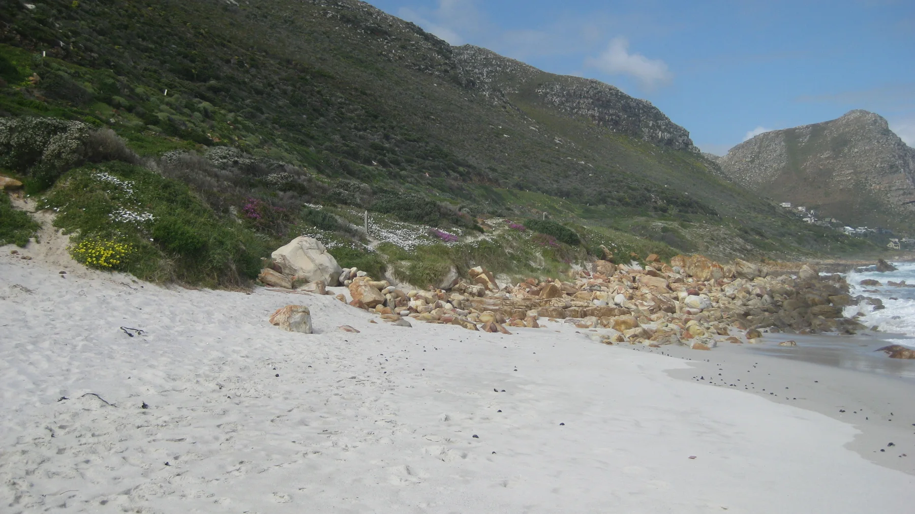A pale beach meets scattered boulders below a green mountain slope.