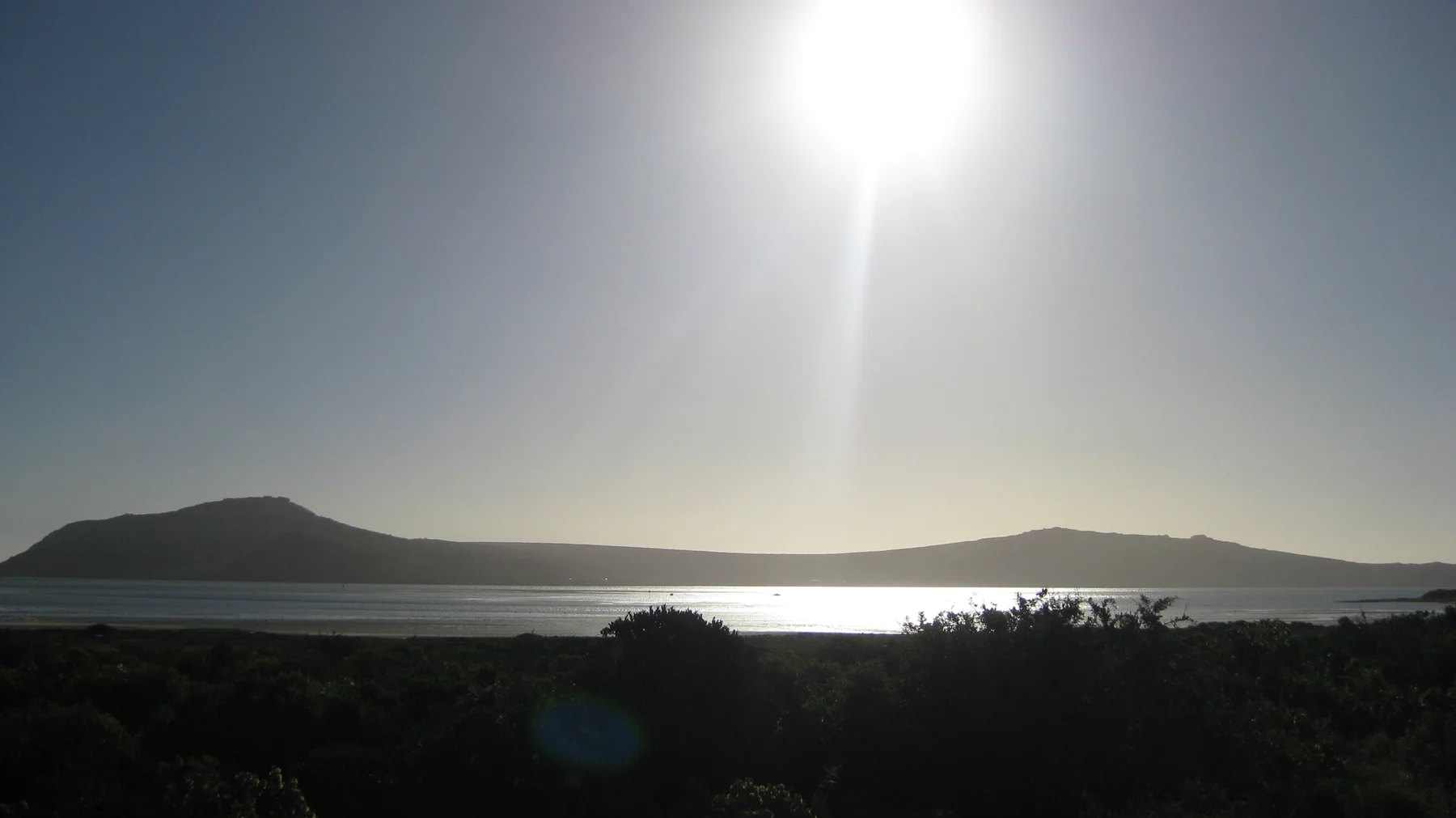 A bright sun casts a silver reflection across water beyond dark shrubs.