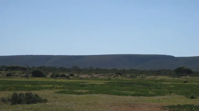 Open fields stretch below a long flat ridge.