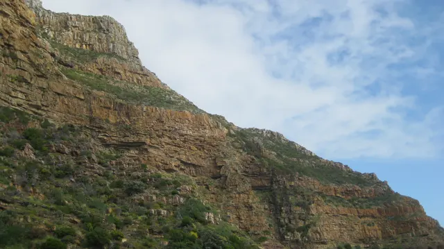 Horizontal bands divide a steep brown coastal rock face.