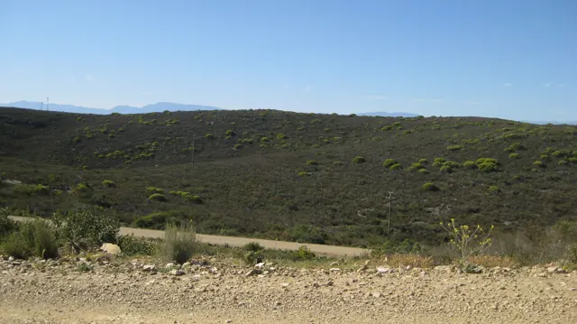 A gravel verge overlooks a shallow valley of low scrub.