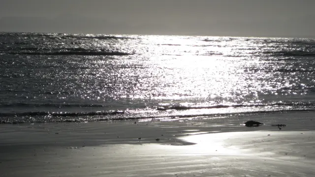Strong sunlight creates a silver reflection across waves and wet sand.