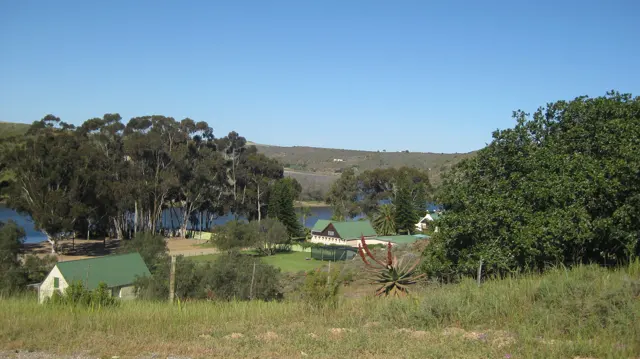 Green-roofed buildings sit among trees beside blue water.