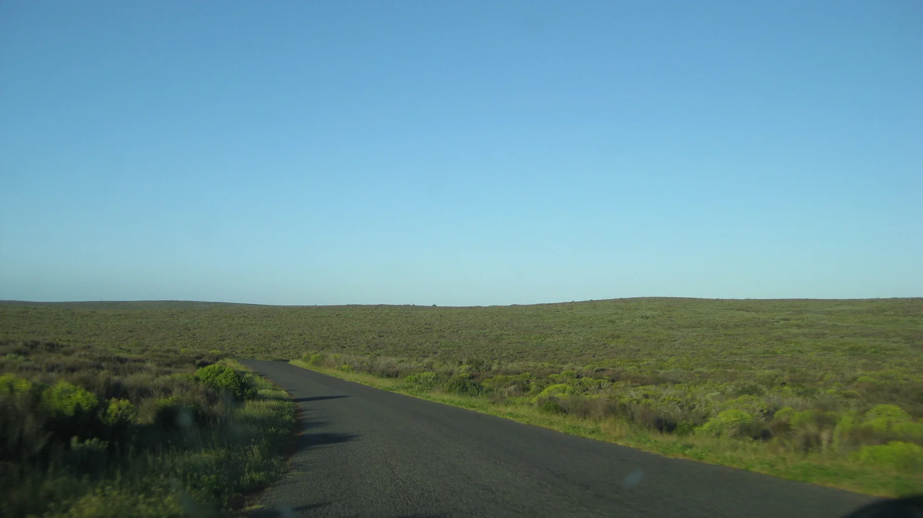 A paved road descends through low scrub beneath a clear horizon.