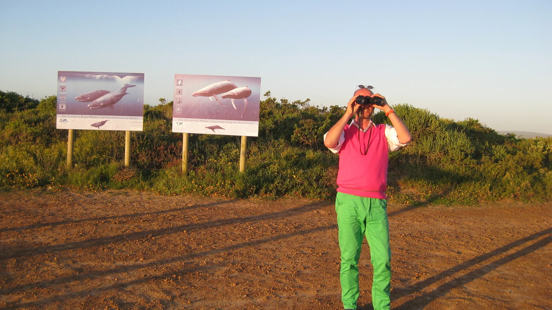 A person raises a camera beside information boards in evening light.