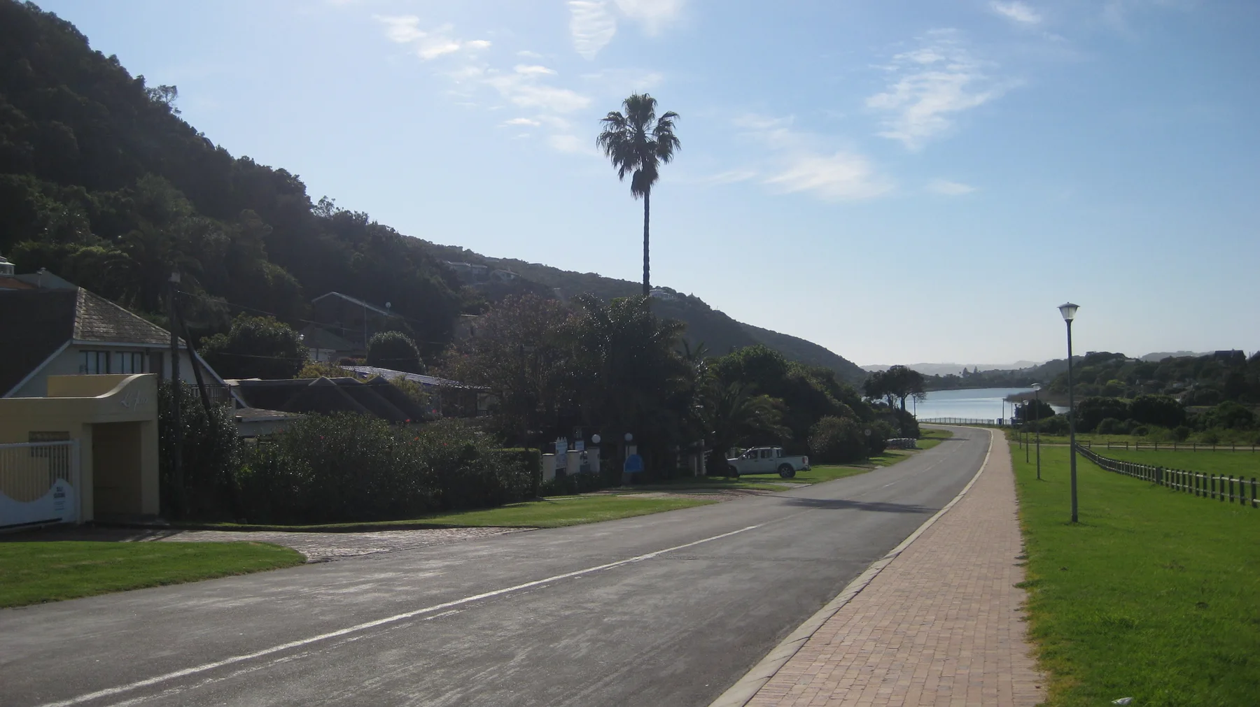A road passes houses and a tall palm toward a small bay.