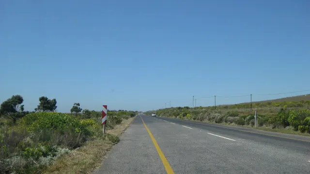 A person stands beside a straight rural road under clear sky.