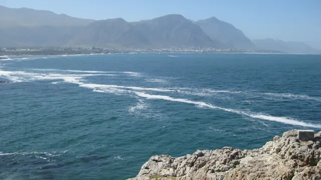 White waves cross blue water beyond a pale rocky ledge.
